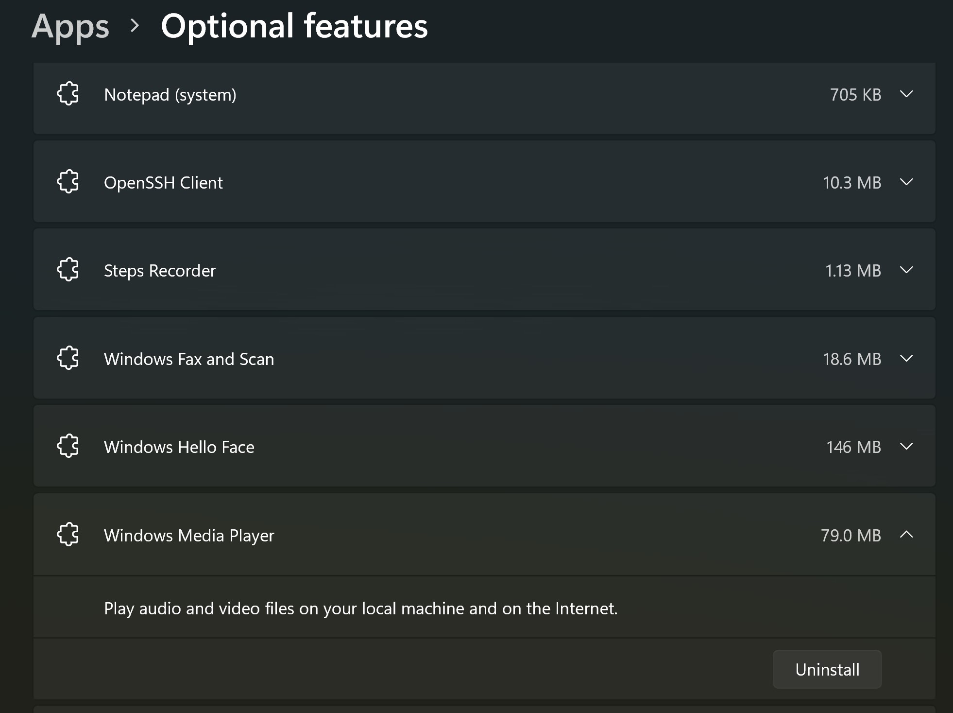 Optional features page